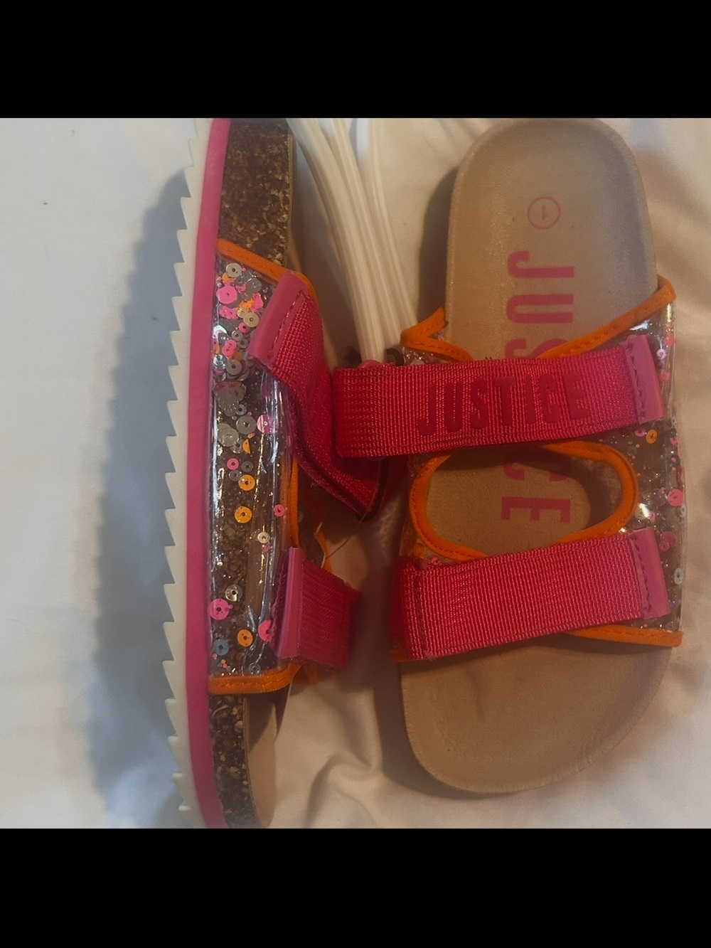 NWT size 1 Justice Girls Pink Sequin Strap Sandals with Orange Trim